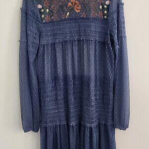 Anthropology Maeve Blue Embroidered Polka Dot Lined Dress - size Large